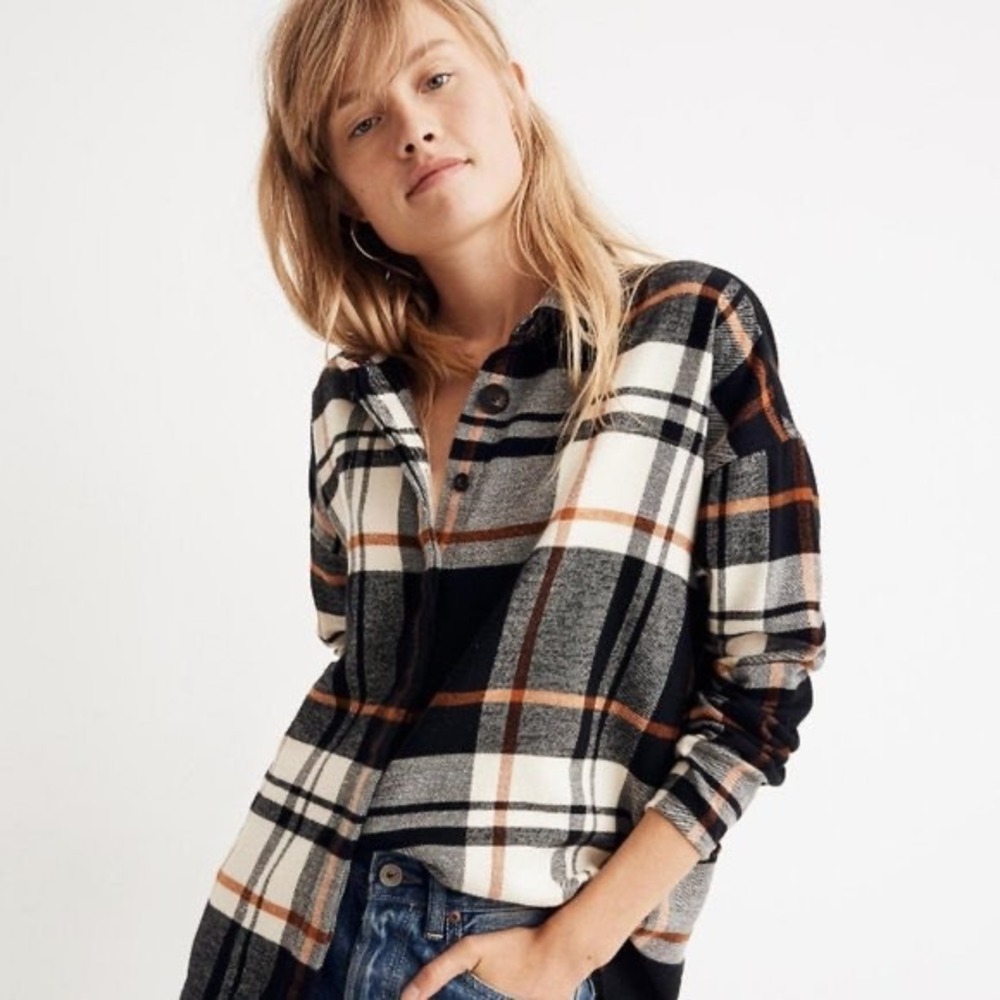 Madewell Bromley Flannel Shirt Long Sleeve Top‎ Blouse Black Brown Plaid Button